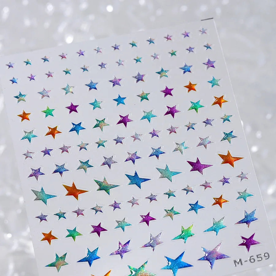 Grid Patterned Star Bowknot Cherry Polka Dot Line Colorful Geometric Five-pointed Star Adhesive Nail Art Sticker Manicure Decal