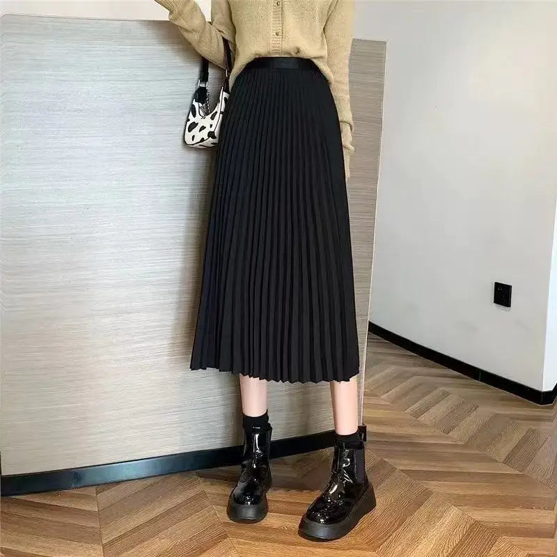 Women Summer Solid Pleated Satin Long Skirt Korean New Fashion Ladies Work Casual Elastic High Waist A Line Party Loose Skirts