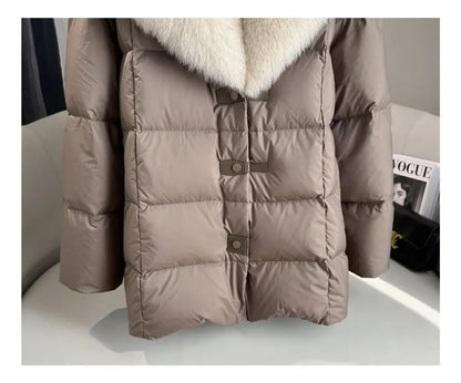 High end Faux Fox fur detachable Large Lapel fur Down Jacket For women 2025 Winter New Medium long Loose White goose Down Coats
