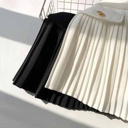 Vintage Woolen Mini Skirts Women Korean Preppy Black Pleated Skirt Winter Elegant Ladies High Waist White A Line