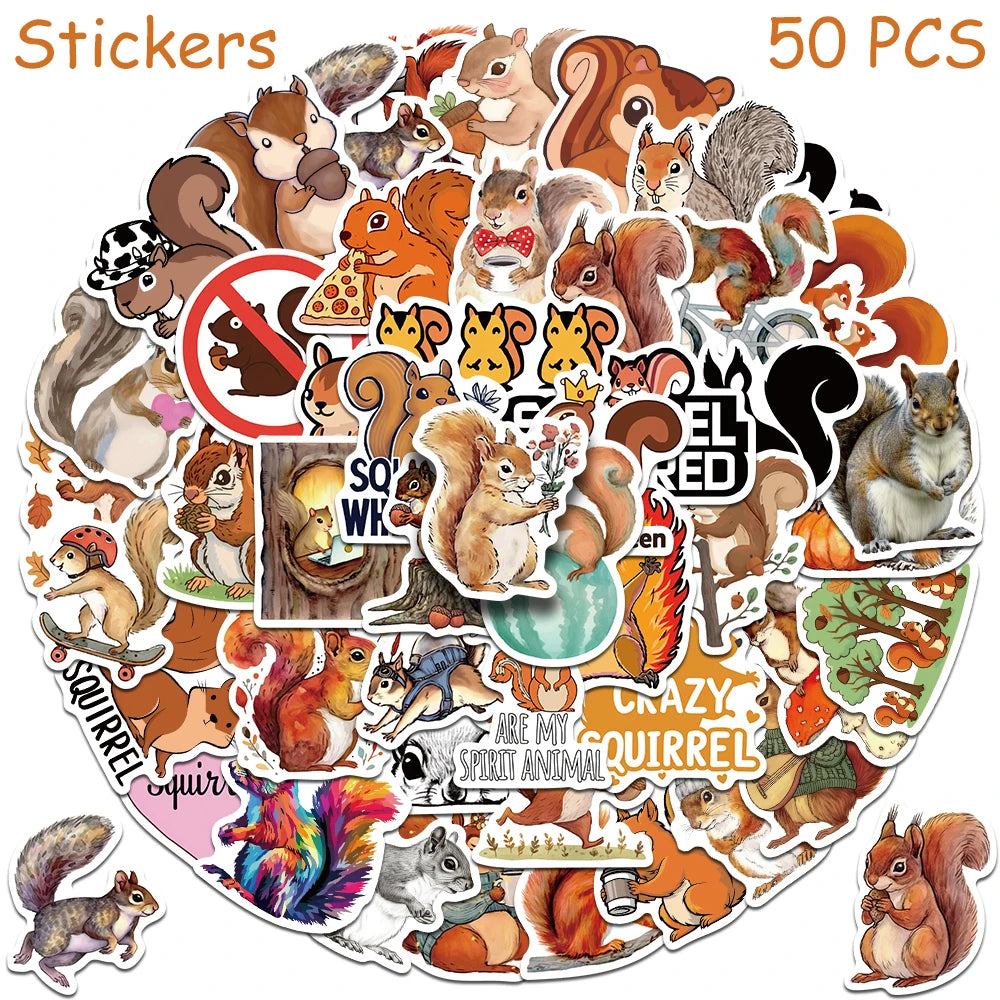50pcs Cartoon Cute Squirrel Stickers Decals For Laptop Scrapbook Skateboard Helmet Guitar DIY Aesthetic Waterproof Stickers