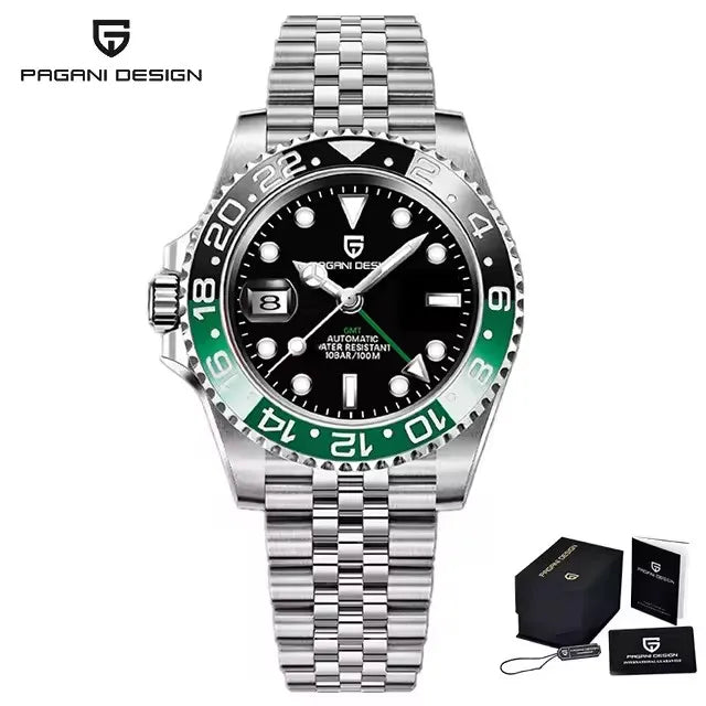 PAGANI DESIGN 40MM Black Gray Dual Tone Automatic Mechanical GMT WATCH Sapphire Glass Stainle Steel Sports luminous Watches men