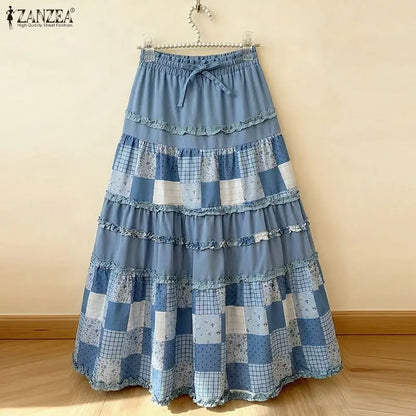 ZANZEA Oversized Long Skirts Women High Waist Print Patchwork Maxi Bottoms Casual Loose Elastic Waist Fashion Jupes Faldas Saia