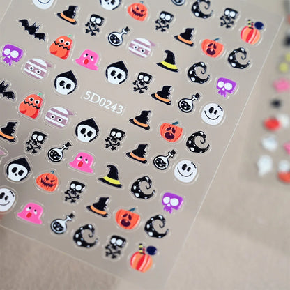 1sheet 5D Halloween Nail Stickers Pink/Green/Black Cartoon Pattern Nail Art Slider DIY For Sweet Cool Girl Cute Nail Decoration