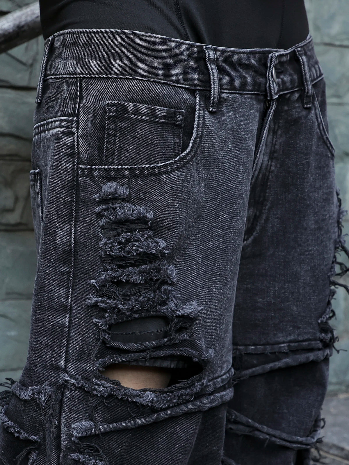 Men's Black Jeans. With a Design of (Ripped Holes) and Tassels. In a Street Trend Style.