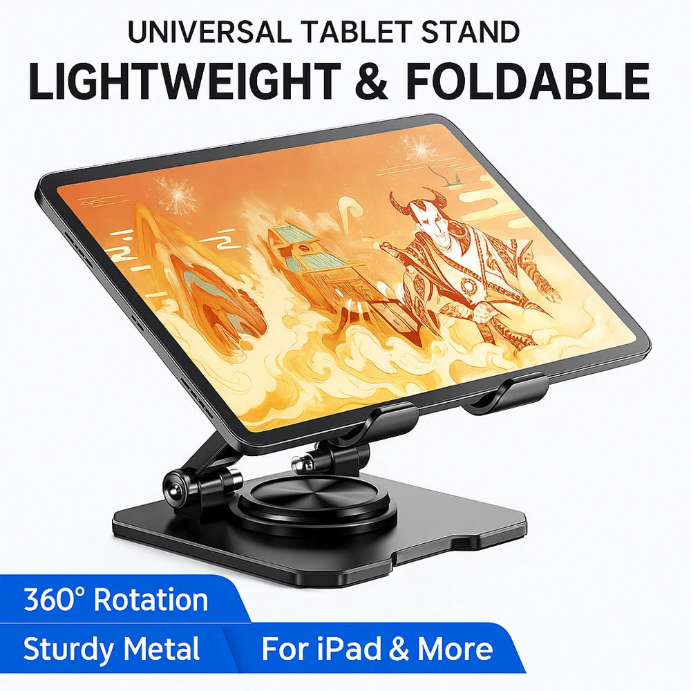 360° Rotating Metal Tablet Stand Foldable Adjustable Desktop Holder Carbon Steel Base Heat Dissipation For Tablet Phone