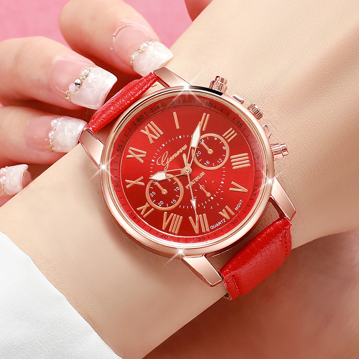 5PCS Women's Watches Fashion Roma Dial Leather Band Quartz Watch Ladies Silicone Band Wristwatch Reloj Mujer（Without Box）