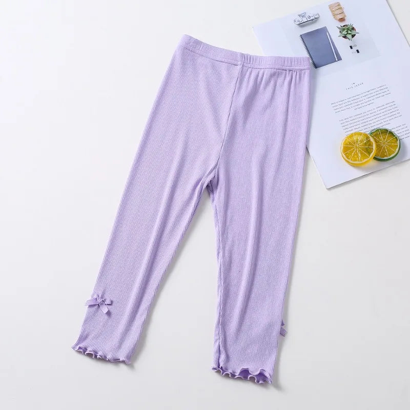 Summer 2026 kids Cropped Leggings Baby Girls Vintage Stripes Elastic Slim Lace cuffs Pants Leggings High Waist Girls Clothing