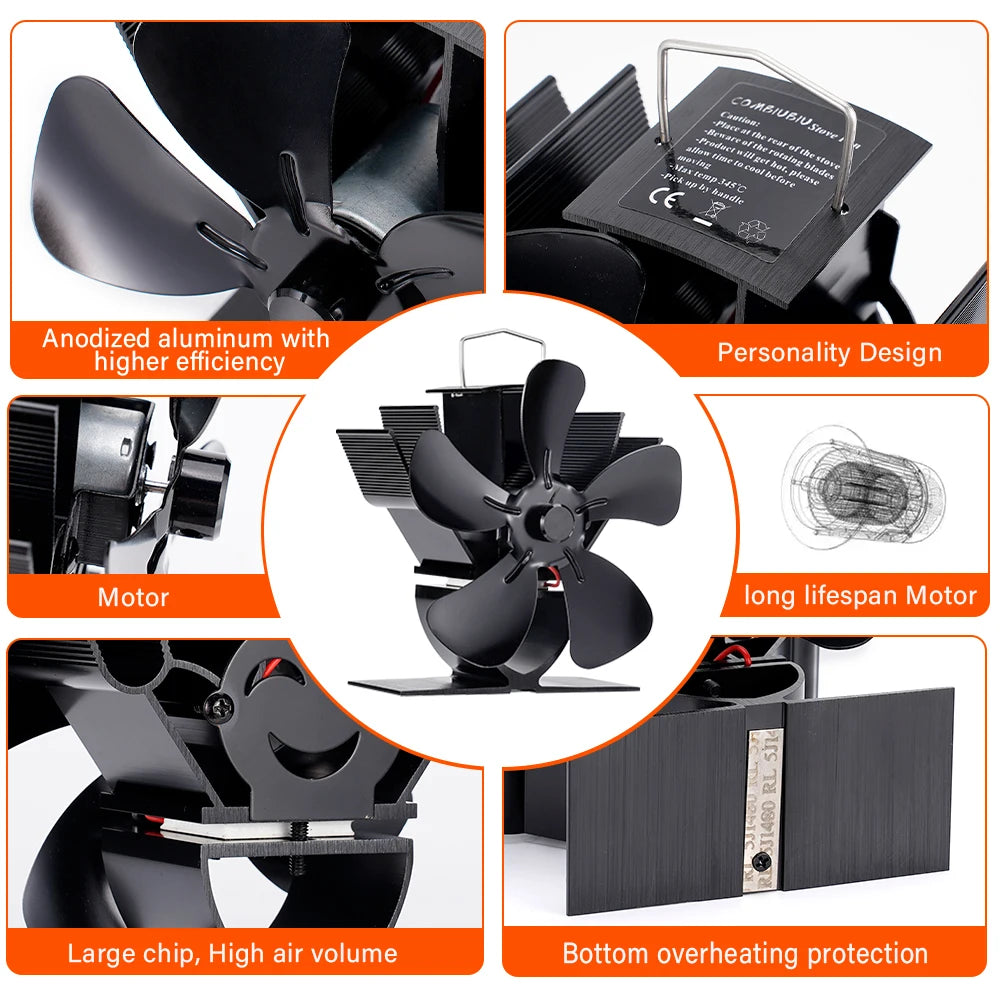 Mini Stove Fan Heat Powered Fireplace Fan Log Wood Burner Eco-fan Quiet 5 Blade Fireplace Fan Home Winter Warm Heat Distribution