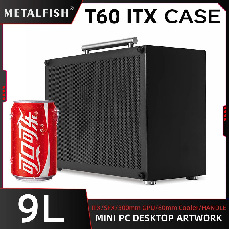METALFISH T60 Mini ITX Black Case 9L Gaming Computer Chassis Compact transparent PC Support SFX PSU/300mm GPU