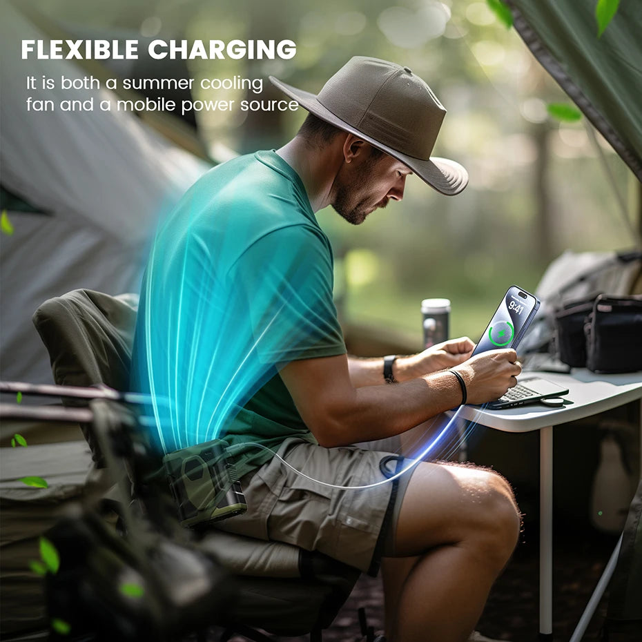 10000mAh Portable Waist Fan with Power Bank LED Lighting Hanging Neck Fan 5 Speed Strong Airflow Cooling Fan for Outdoor Working