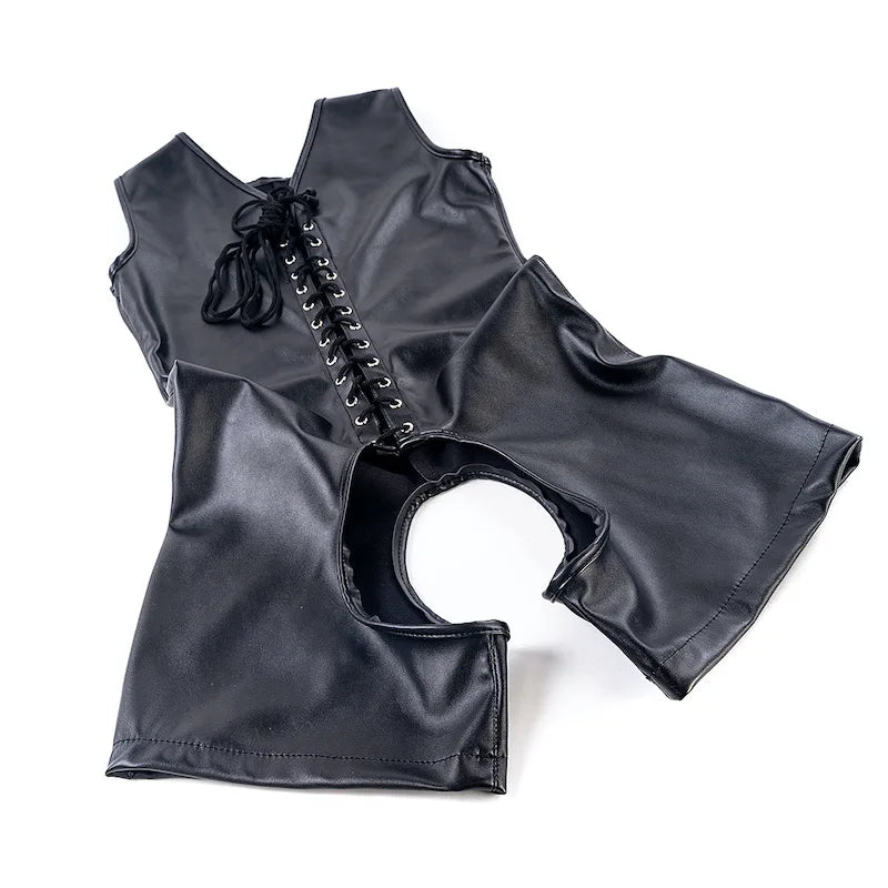 PU Leather Housewife Open Chest and Butt Tights Crotchless Bodysuit Harness Sexy Costume BDSM Bondage Rompers Sex Toys Women