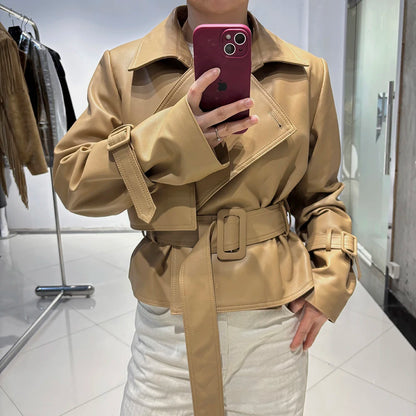YOLOAgain 2025 Autumn Elegant Real Leather Jacket Coat Women Oversized Leather Jacket With Belt