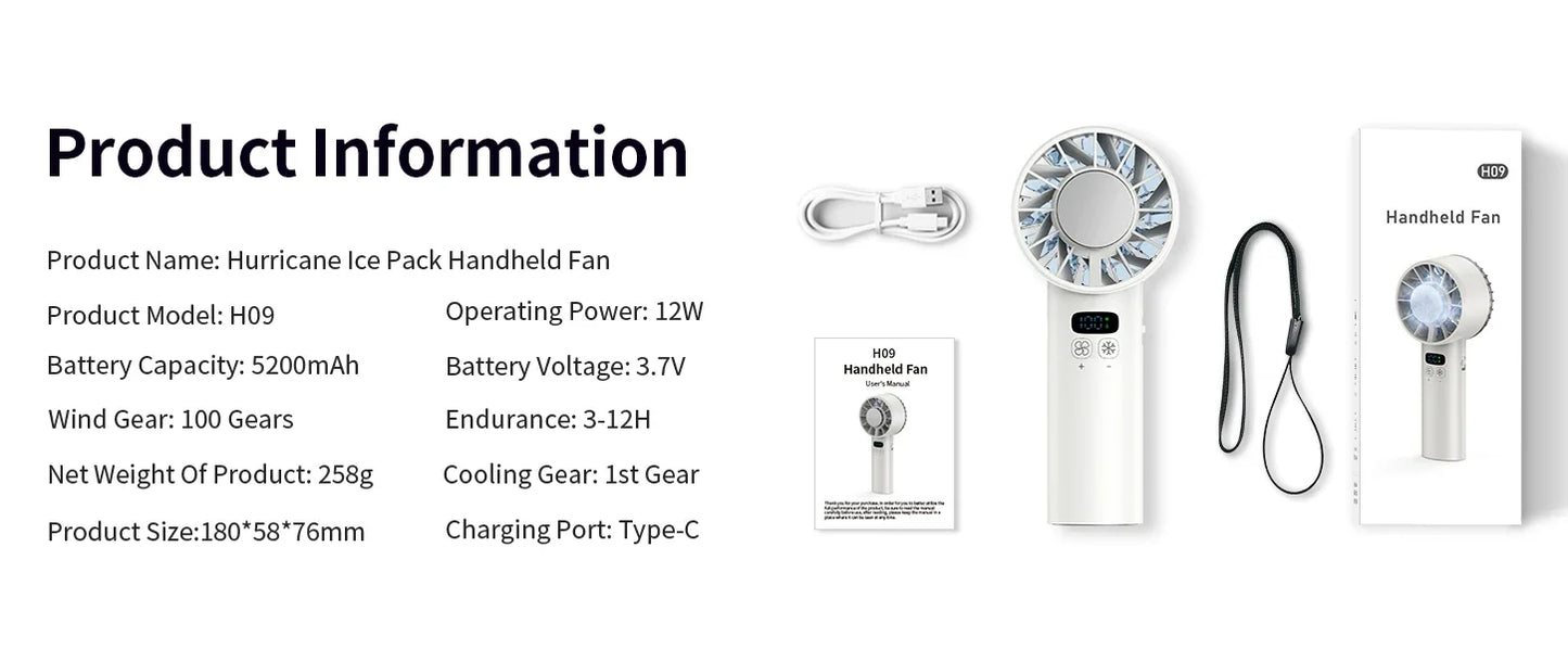 Portable Mini Fan Handheld Fan Ice Compress LED Display Ice Face 100 Wind Speeds 5200mAh USB Rechargeable Battery Fan