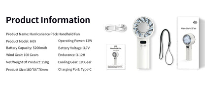 Portable Mini Fan Handheld Fan Ice Compress LED Display Ice Face 100 Wind Speeds 5200mAh USB Rechargeable Battery Fan