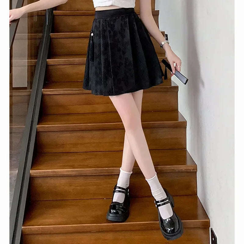 2025 Summer Female Plus Size Elastic Waist Skirts Women High Waisted Pleated Short Dress Lady Chic Designer Solid Printed Skirts