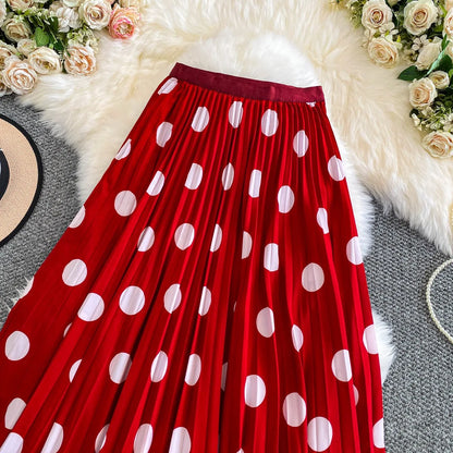 2026 Pleated Skirt Elastic Waist Polka Dot Fashion Printed Slim Pleated Skirt Women's Summer New Beach Vacation Mid-length Skirt
