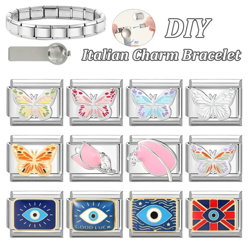 Fashion Drip Glaze Blue Eyes Colorful Butterfly Italian Charm Links Fit 9mm Stainless Steel Bracelet Jewelry DIY Making Beads