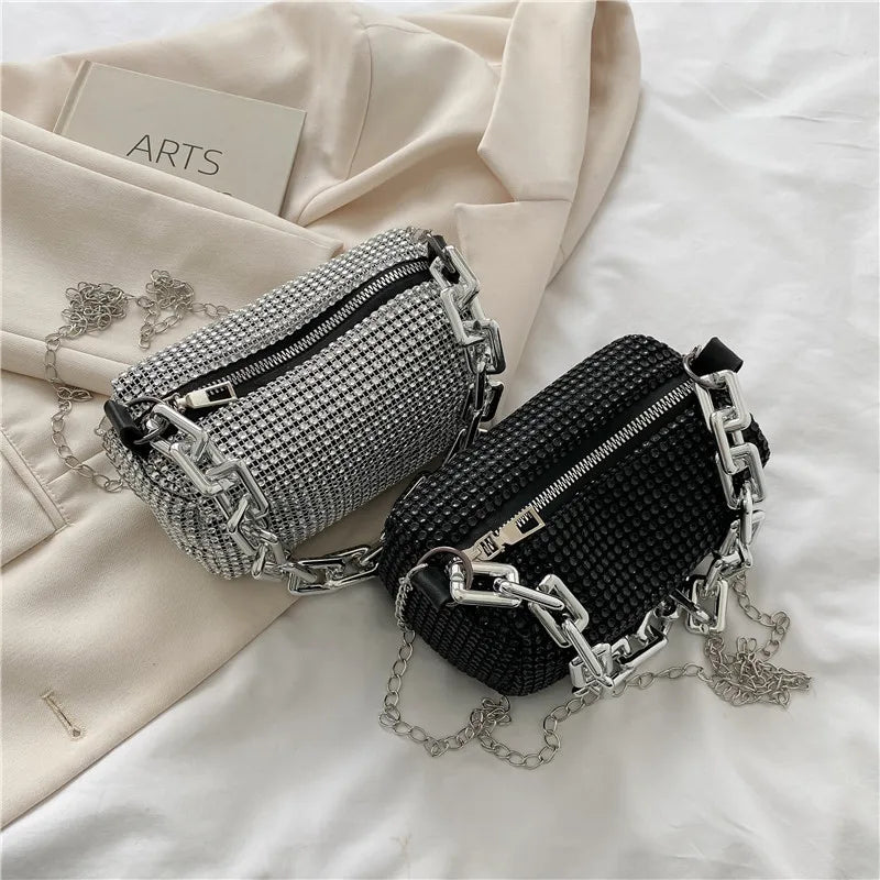 HOMEFISH Sparkling Rhinestone Bucket Bag, Chain Decor Party Clutch Purse, Female Mini Crossbody Bag