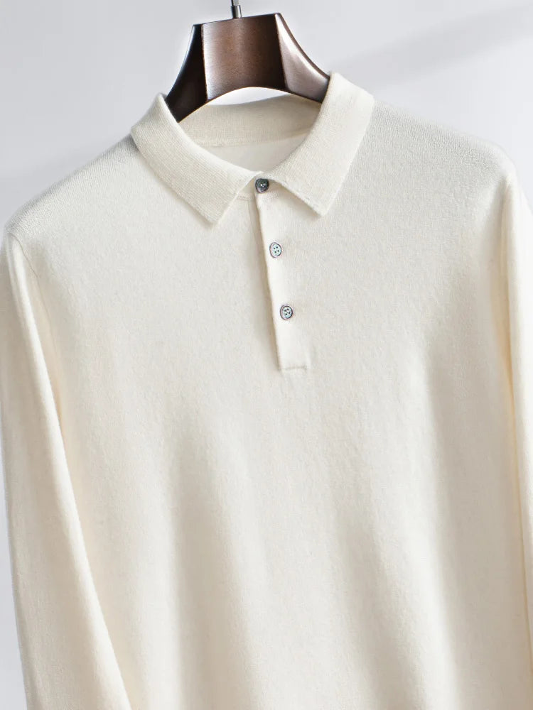 ANGEL 2024 Men's New POLO Shirt 100% Cashmere Knitted Pullover Solid Color Sweater Fall Winter Casual Business Office Jacket