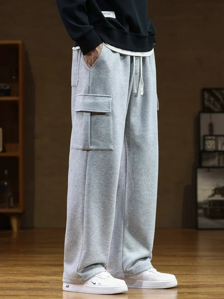 2024 New Sweatpants Men Multi-Pockets Drawstring Cotton Casual Wide Pants Male Loose Straight Trousers Large Size 8XL