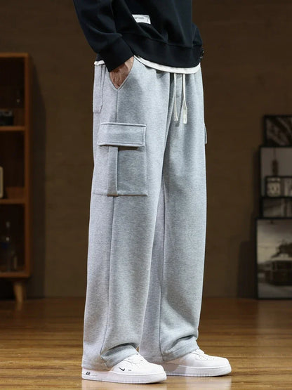 2024 New Sweatpants Men Multi-Pockets Drawstring Cotton Casual Wide Pants Male Loose Straight Trousers Large Size 8XL