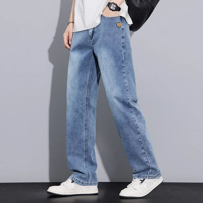 New Arrival American Vintage Wide Leg Elastic Denim Pants for Men Loose Straight Fit Flowy Versatile Casual Pants
