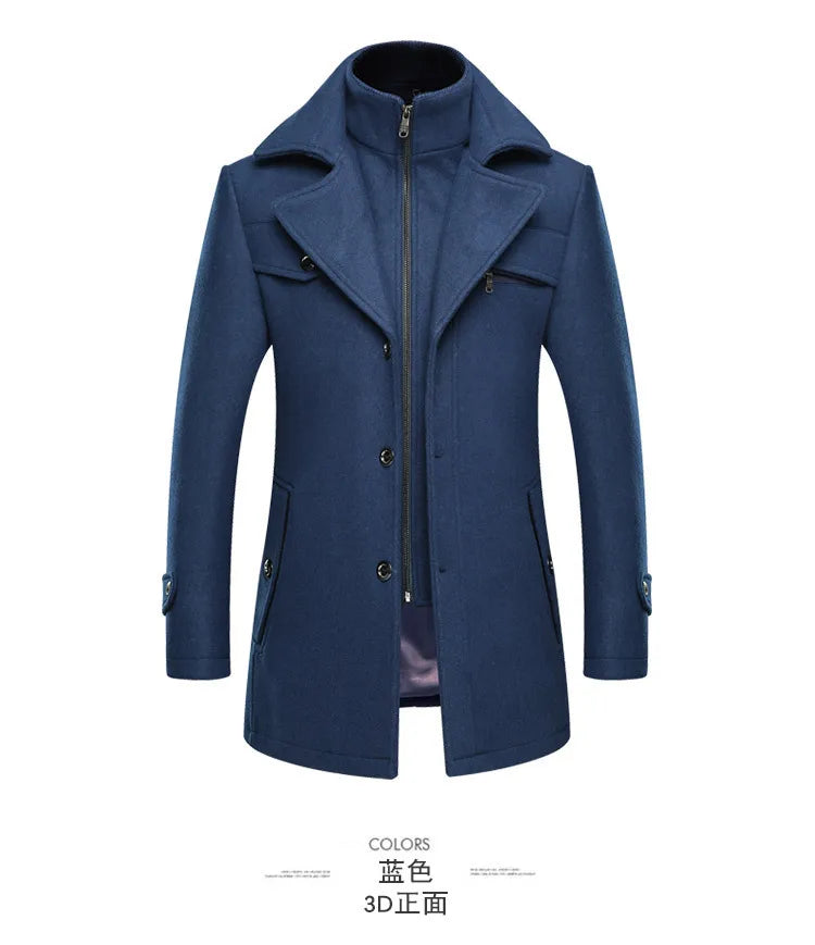 Autumn Winter Double Collar Woolen Coats Men Thick Business Casual Wool Blends Trench Coat Male Solid Turn Down Collar Outerwear