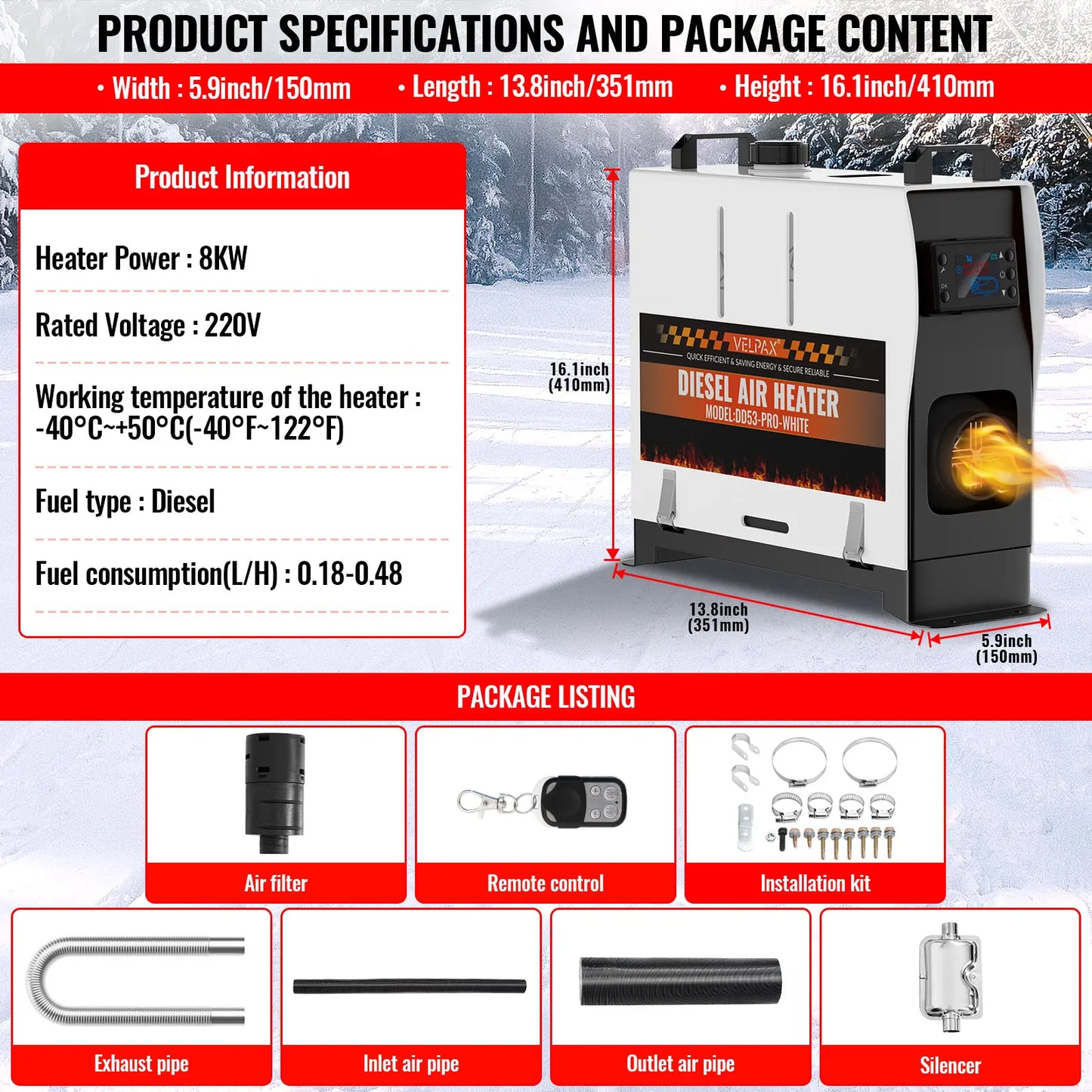 8KW Portable Diesel Heater with LCD Remote Control Adjustable Temperature 18-40℃ for Motorhome Boat And Home Use