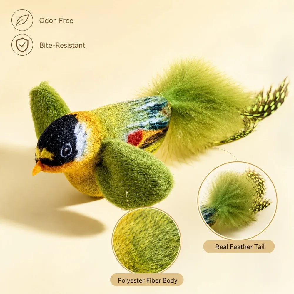 Bird Sound Cat Toy Brown Green Blue Color Options and Combination Set Plush Feather Hanging Teaser for Indoor Cats Chasing Play