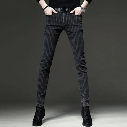 Men's Striped Slim Stylish Casual Pencil Pants Jeans Spring Autumn Korean Trendy Fashion Brand New Elastic Striped Long Trousers
