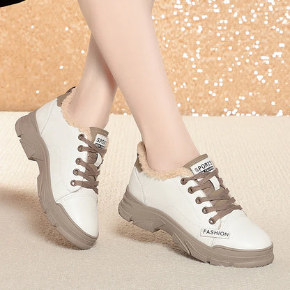 Spring Non-slip Soft Leather Sneaker Trekking Footwear New Women's Thick-soled Lace-up Leisure Skateboard Sports Shoes
