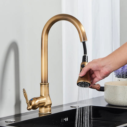 Rozin Antique Brass Kitchen Faucet Pull Out Spout Kitchen Faucets Black Single Hole Swivel Hot Cold Water Kitchen Mixer Tap