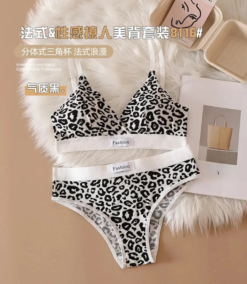 Summer New Women's Leopard Print Traceless and Steel Rim Bra Adjustable Shoulder Strap Back Women's Underwear Set