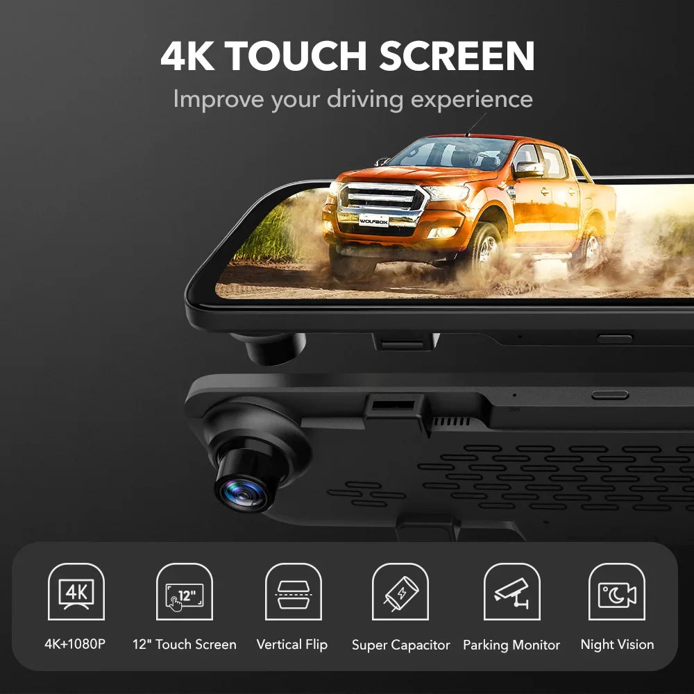 WOLFBOX G840S 12"IPS Dash Camera 4K Rearview Dash Cam GPS Video Recorder Night Vision HD Dual Cameras Car Dvr Parking Monitor