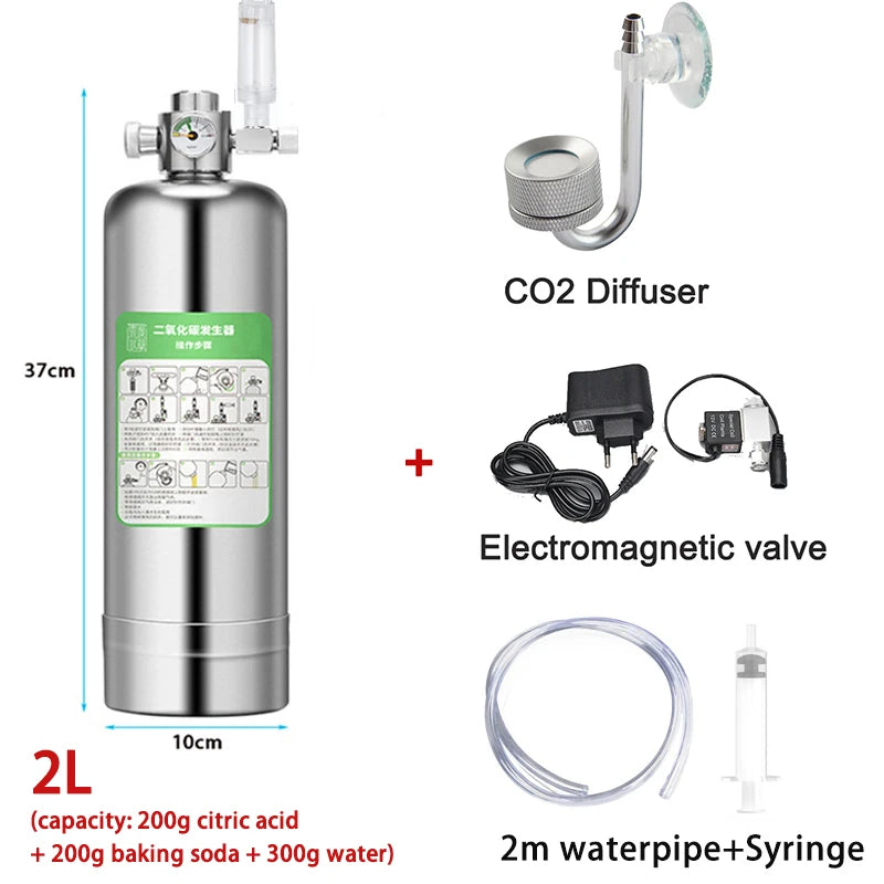 Aquarium CO2 Generator 1L 2L Fish Tank CO2 Cylinder Generator System Stainless Steel Water Injection Bubble Meter Aquatic Plant