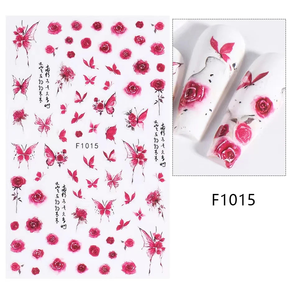 Black and White Love Flowers Line Art 3D Stickers Nail Decals Nail Art Accessories Butterfly Rose Nail Stickers Nail Sliders