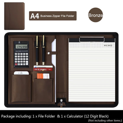 Executive Business A4 Leather Portfolio Folder Clipboard for Zippered Desk Organizer Document Briefcase Calculator for Office