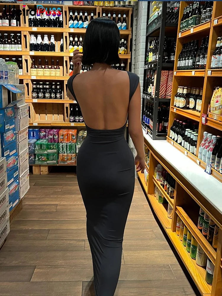 Weird Puss Backless Sexy Women Maxi Dress Short Sleeve Slim Fit Elastic Casual Solid Streetwear Club Party Ladies Summer Bodycon