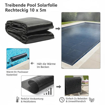 Floating pool solar cover, rectangular, for 10 x 5m pools, black