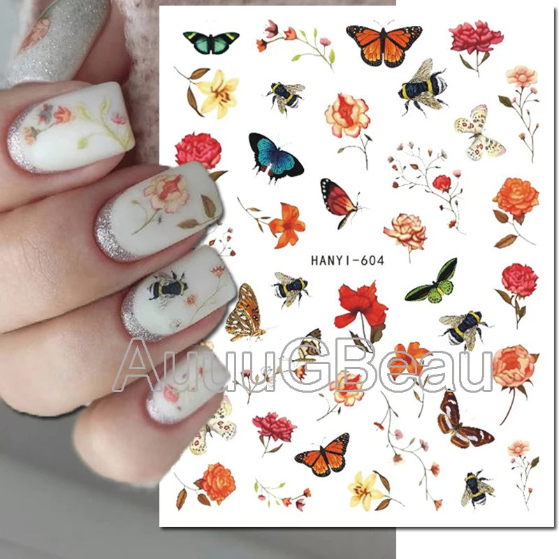 3d Nails Art Decals Spring Fruits Pink Full Tips Peony Magnolia Flowers Adhesive Sliders Stickers Decoration For Nails Manicure
