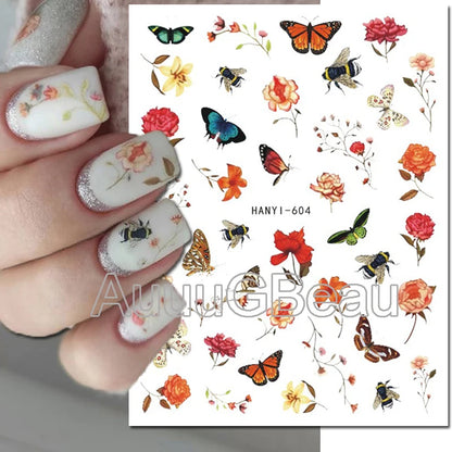 3d Nails Art Decals Spring Fruits Pink Full Tips Peony Magnolia Flowers Adhesive Sliders Stickers Decoration For Nails Manicure