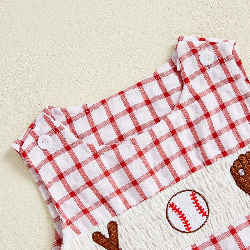 Newborn Baby Boy Girl Baseball Outfit Sleeveless Overalls Romper Smocked Baseball Bubble Summer Plaid Bodysuit