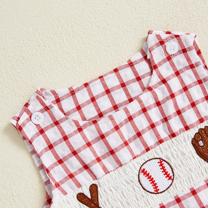 Newborn Baby Boy Girl Baseball Outfit Sleeveless Overalls Romper Smocked Baseball Bubble Summer Plaid Bodysuit