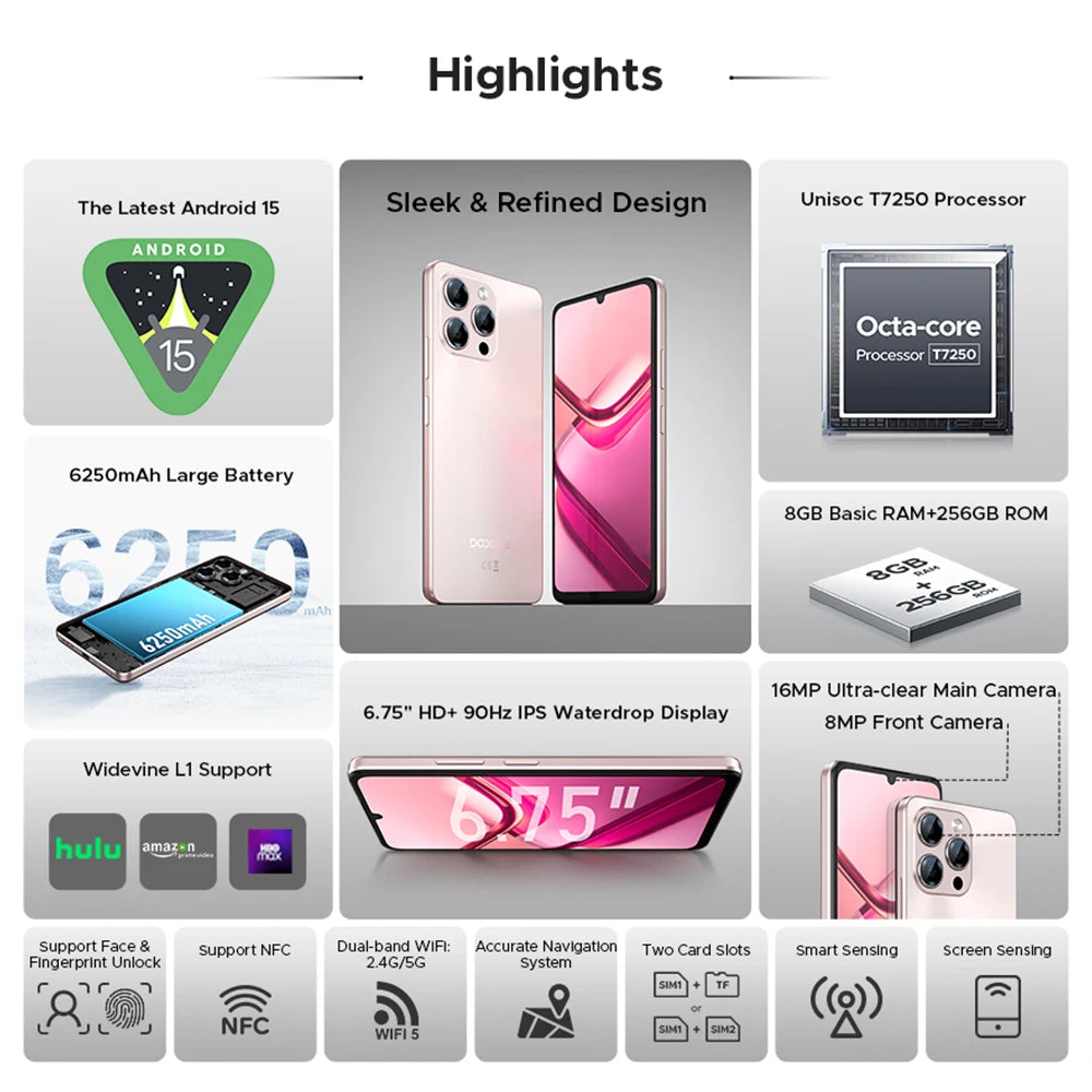 Global Version DOOGEE Note58 Pro Smartphone 6.75" HD+ Display 32GB(8+24) 256GB 6250mAh Battery NFC Android 15 Mobile Phone