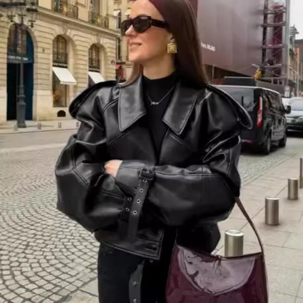 Vintage Lapel Leather Biker Jacket Women Bomber Jacket Short Coat Streetwear Zip Long Sleeve Windproof Outerwear Black Wine Red