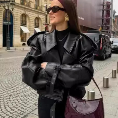 Vintage Lapel Leather Biker Jacket Women Bomber Jacket Short Coat Streetwear Zip Long Sleeve Windproof Outerwear Black Wine Red