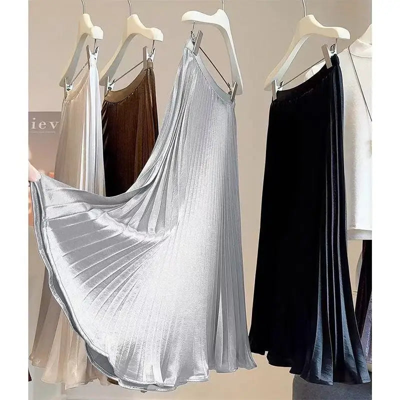 Women Summer Solid Pleated Satin Long Skirt Korean New Fashion Ladies Work Casual Elastic High Waist A Line Party Loose Skirts