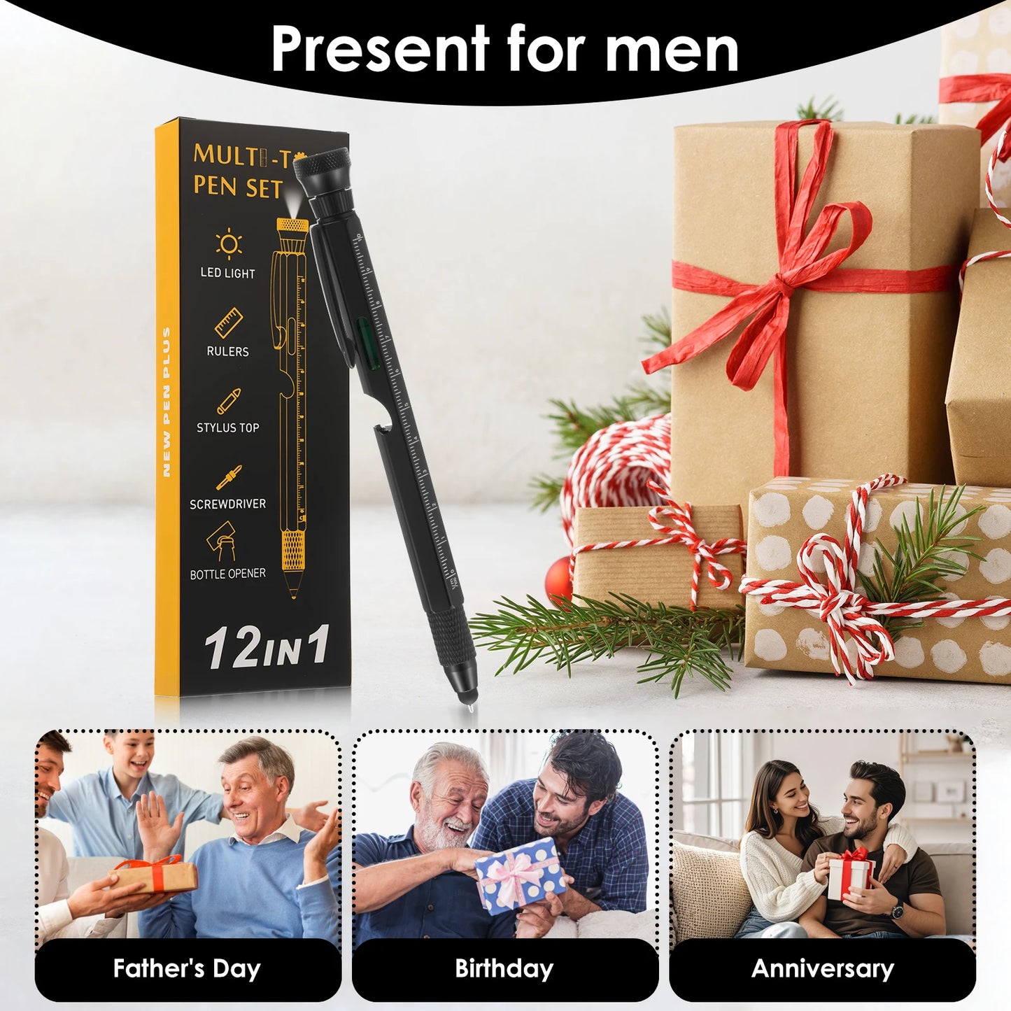 12 In 1 EDC Multi Tool Pen with LED Light Level Bottle Opener Touchscreen Stylus and Screwdriver Father's Day Men Gadgets Gifts