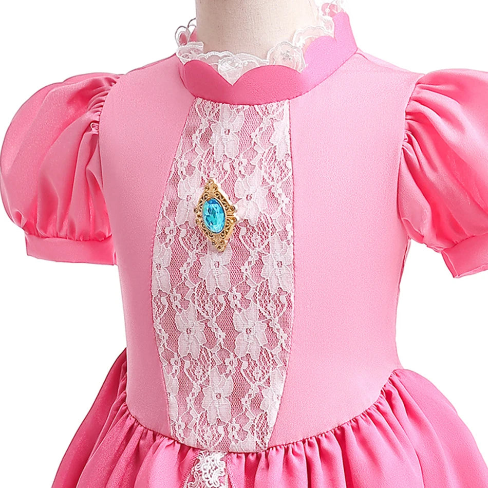 Peach Princess Costume with LED Color Light Toddler Birthday Game Role Play Dress Girl Halloween Festival Gown Pink Lace 4-8 Y